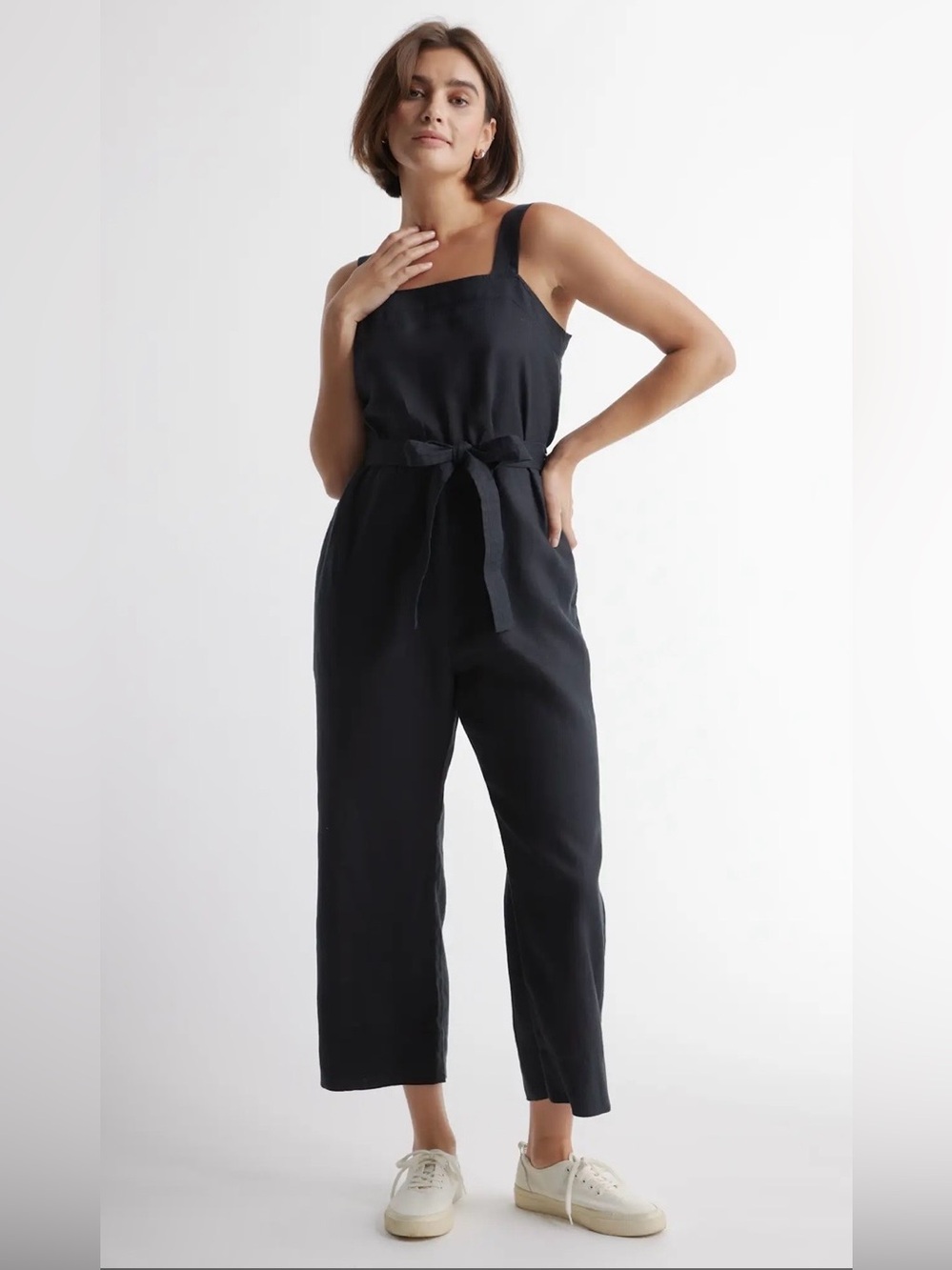 Quince Overalls 100% Linen Black Wide Leg Ankle Adjustable Straps XL